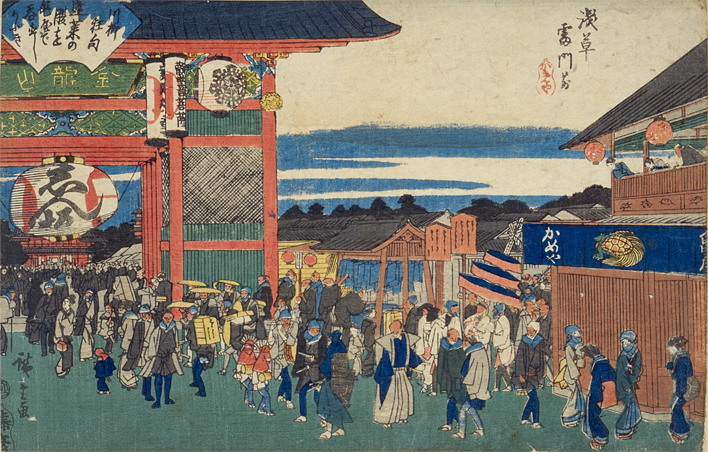 浅草雷門前　歌川広重　出典：国立国会図書館「錦絵でたのしむ江戸の名所」 (https://www.ndl.go.jp/landmarks/)